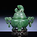A fine emerald-green jadeite archaistic vessel and cover, fangding, late qing dynasty