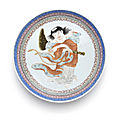 A rare sang-de-boeuf-glazed famille rose 'liu hai' saucer-dish, yongzheng six-character mark and of the period