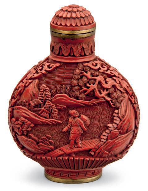 A carved cinnabar lacquer snuff bottle, Qianlong two-character mark in gilt and of the period (1736-1795)