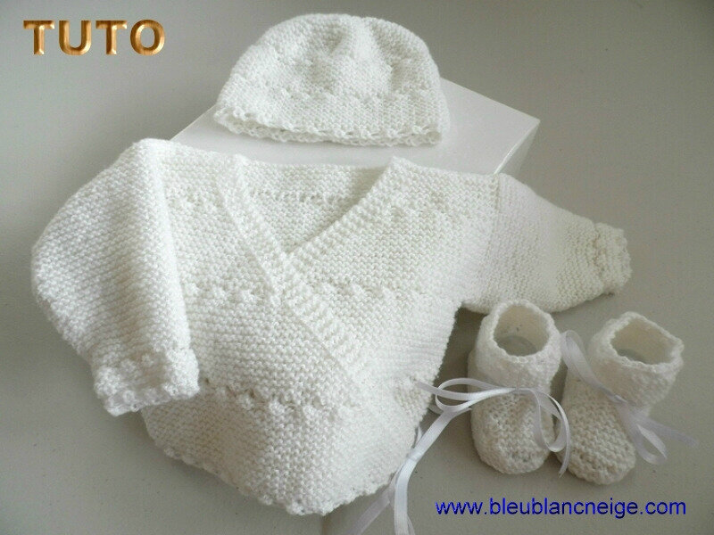 Explications Tricot Brassiere Croisee Bonnet Chaussons Blanc Bebe Mixte Tuto Tricot Bebe